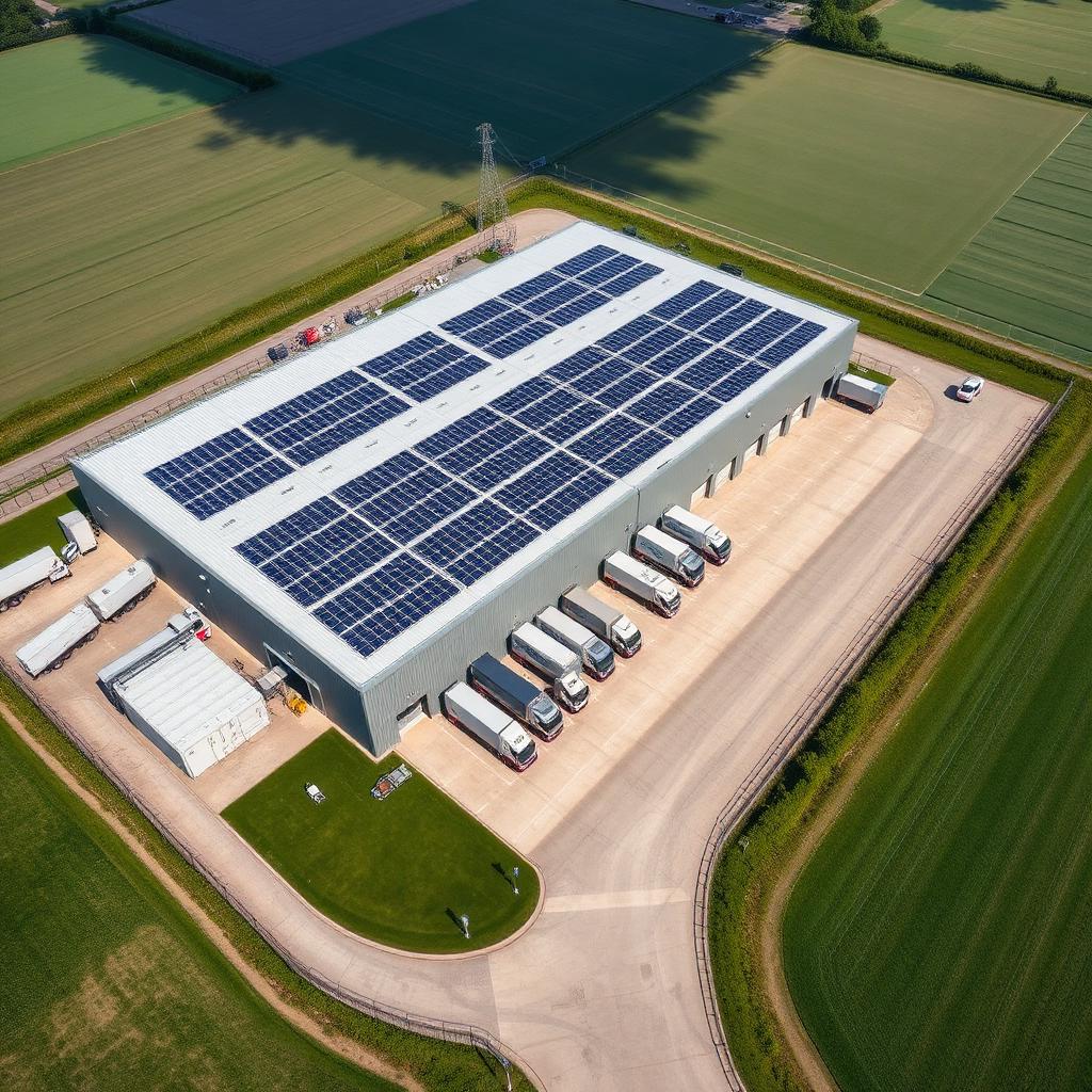 Aerial view of a solar-powered UK warehouse