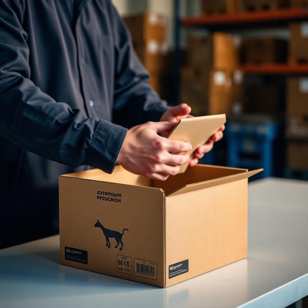 Warehouse operative packing an order at a clean bench