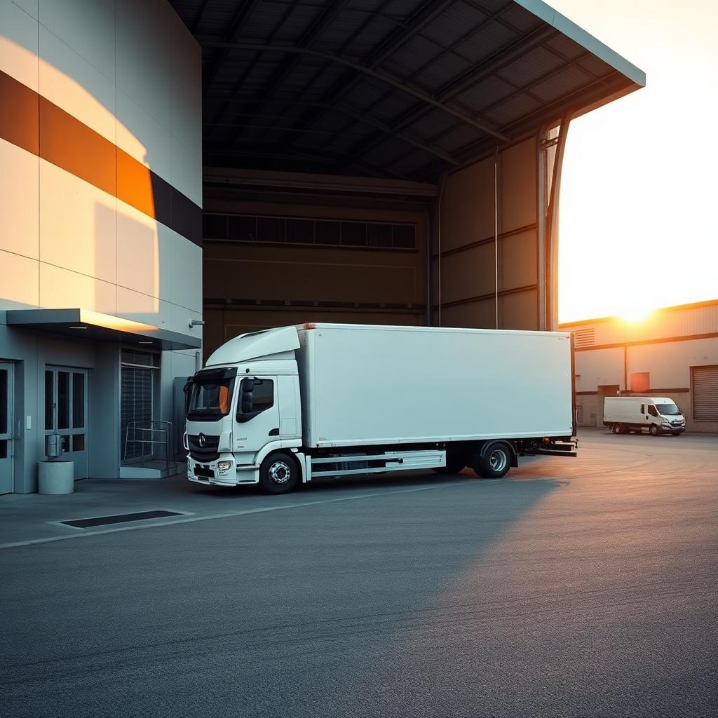 Delivery lorry at a warehouse loading dock at golden hour